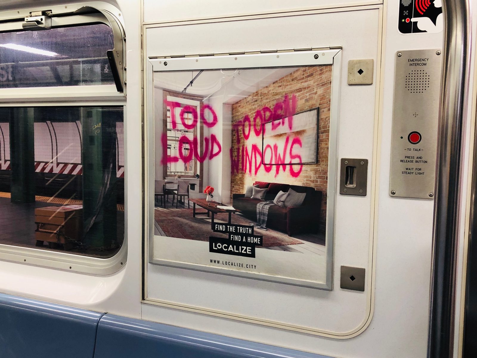 Localize subway car card: Too loud to open windows