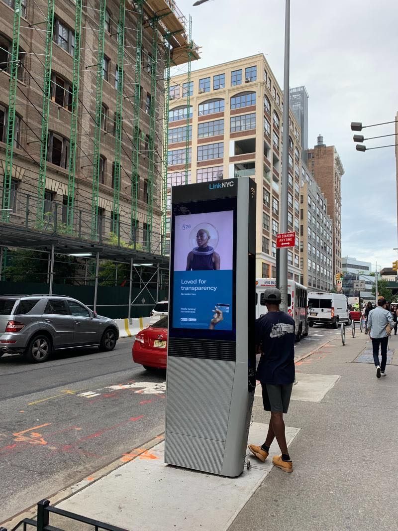 N26 Loved for transparency ad on a LinkNYC kiosk