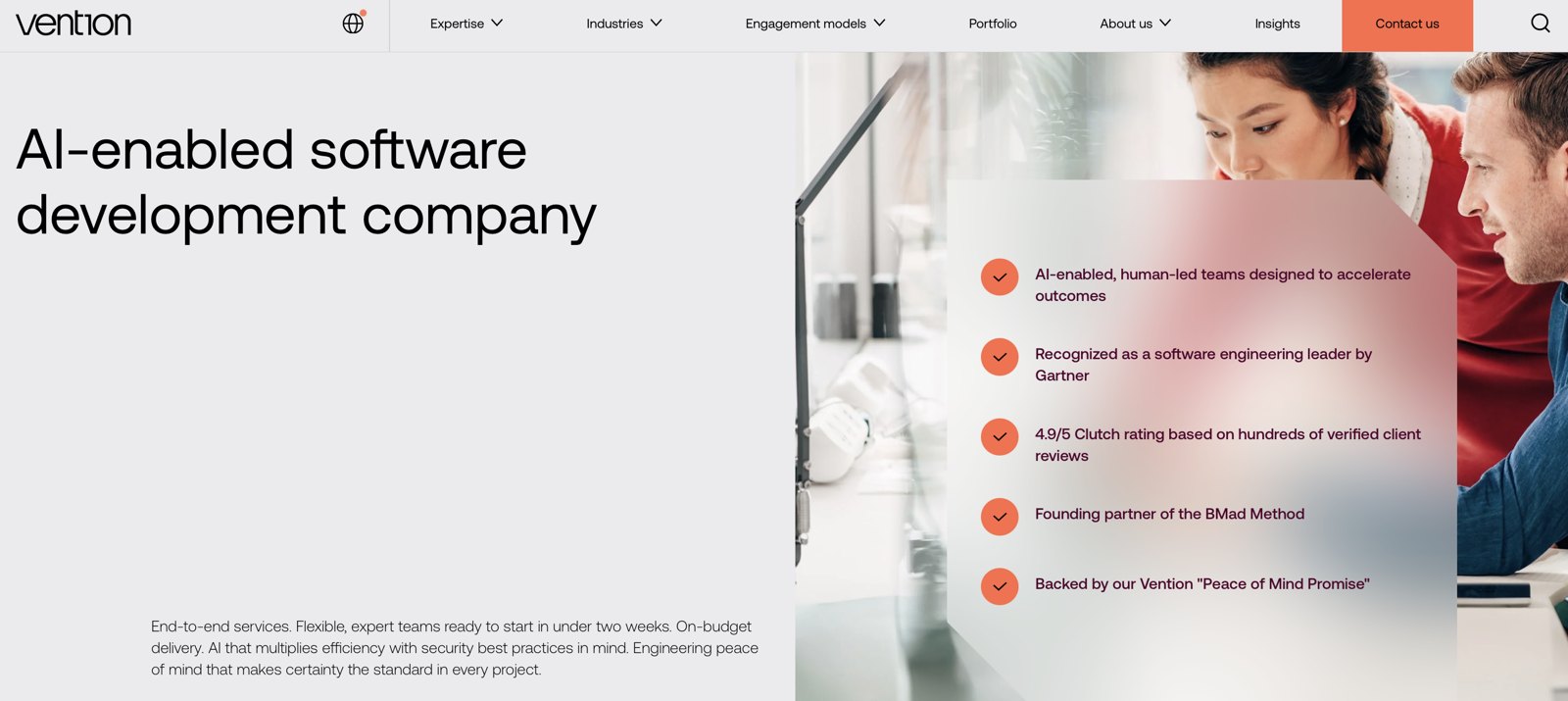 Vention home page: AI-enabled software development company, backed by the Peace of Mind Promise