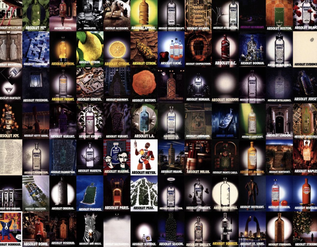 A wall of Absolut Vodka print ads, from Absolut Brooklyn to Absolut Paris